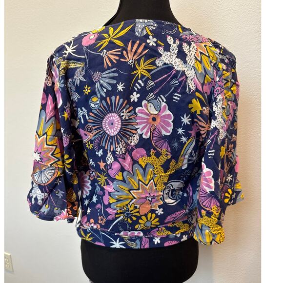ModCloth Floral Bell Floral Sleeve Surplice Tie Blouse Purple Blue Women Small - Picture 3 of 8
